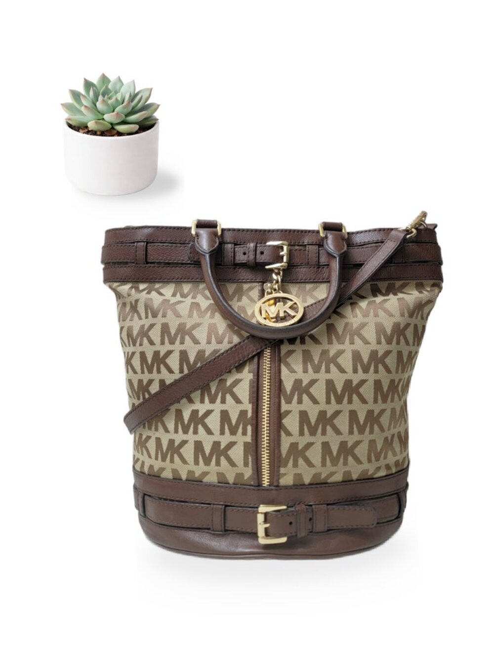 Michael Kors Signature Bags Jacquard Bucket Shoulder Bag Brown Belted Crossbody